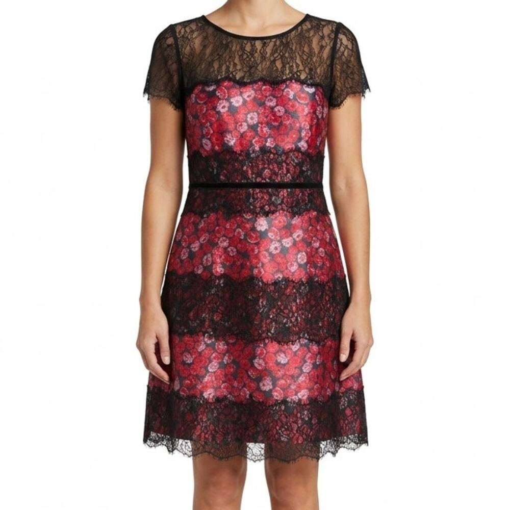 Kay Unger New York Black Pink Cap Sleeve Floral Lace Accent Mini Dress size L